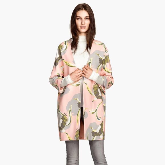NWOT H&M pink bird crane print oversized collarless coat jacket, XS - Picture 1 of 7